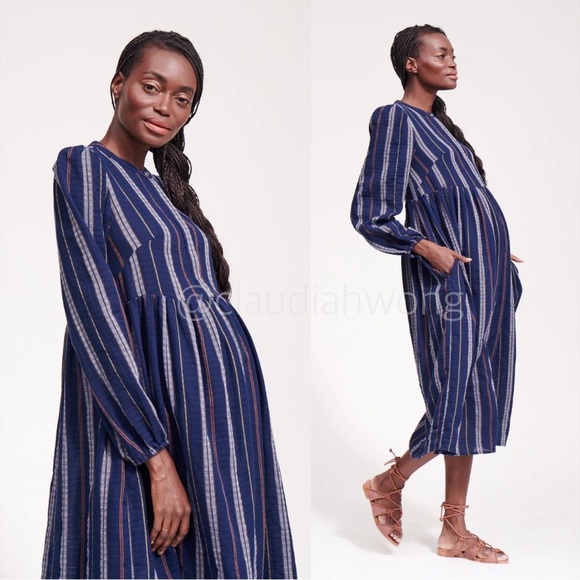 FRANCES HART Dobby Long Sleeve Midi Dress in Navy Blue & White Stripe - Picture 3 of 10